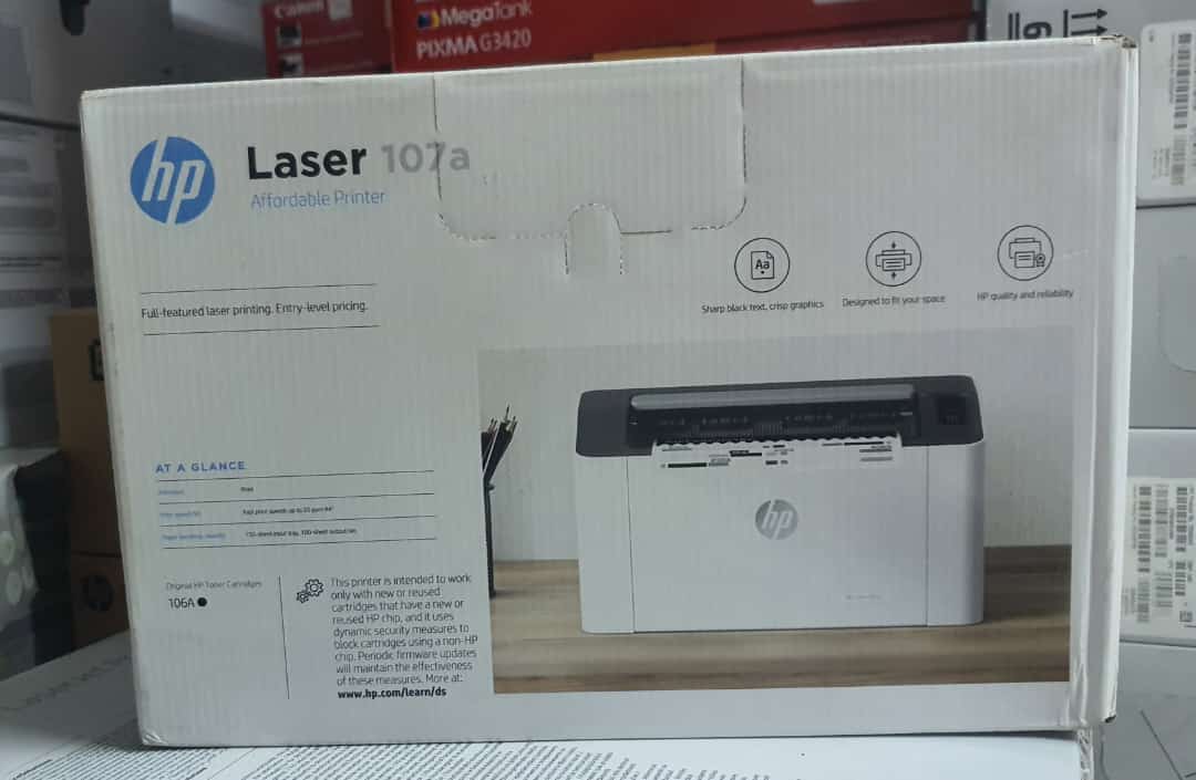 Baraka Distribution - Imprimante laser monochrome HP Laser 107a • Vitesse  d'impression : Jusqu'à 20 ppm • Résolution d'impression : 1200 x 1200 ppp •  Interface standard : 1 x USB 2.0 •